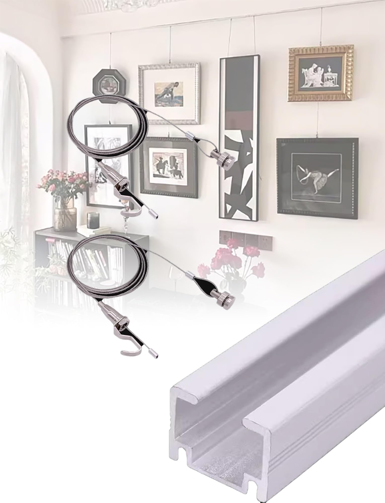 Sistema de techo para colgar cuadros con rieles, cables y ganchos para carteles y galería, solución versátil de arte de pared