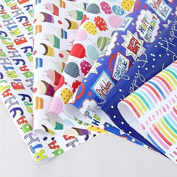 JIALWSJWAN Birthday Wrapping Paper Sheets - Set of 6 Colorful Balloon & Happy Birthday Designs, Thick, Foldable, and Vibrant Colors for All Celebrations