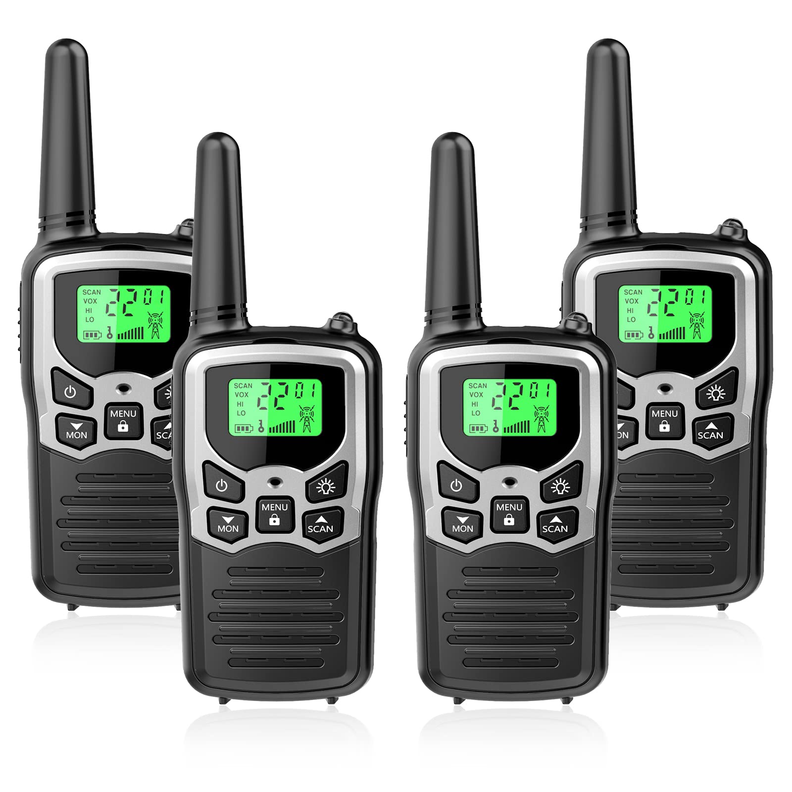 Walkie Talkies with 22 FRS Channels, MOICO Walkie Talkies for Adults with LED Flashlight VOX Scan LCD Display, Long Range Family, Radios for Hiking Camping Trip (Silver, 4 Pack)