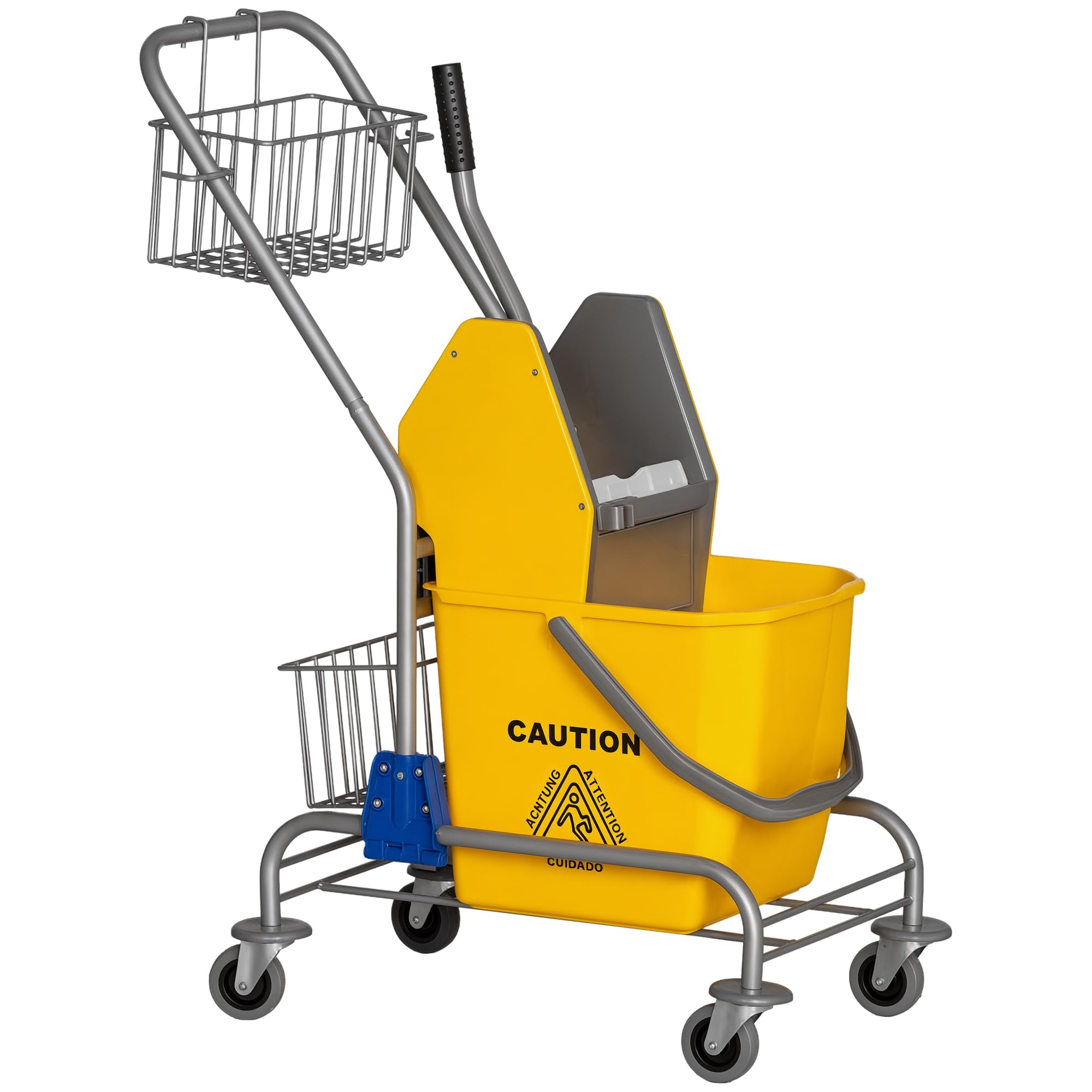 HOMCOM Carrello per pulizie Carrello per pulizie 26 litri Carrello con strizzatore, carrello domestico con rotelle, gancio per mocio Giallo