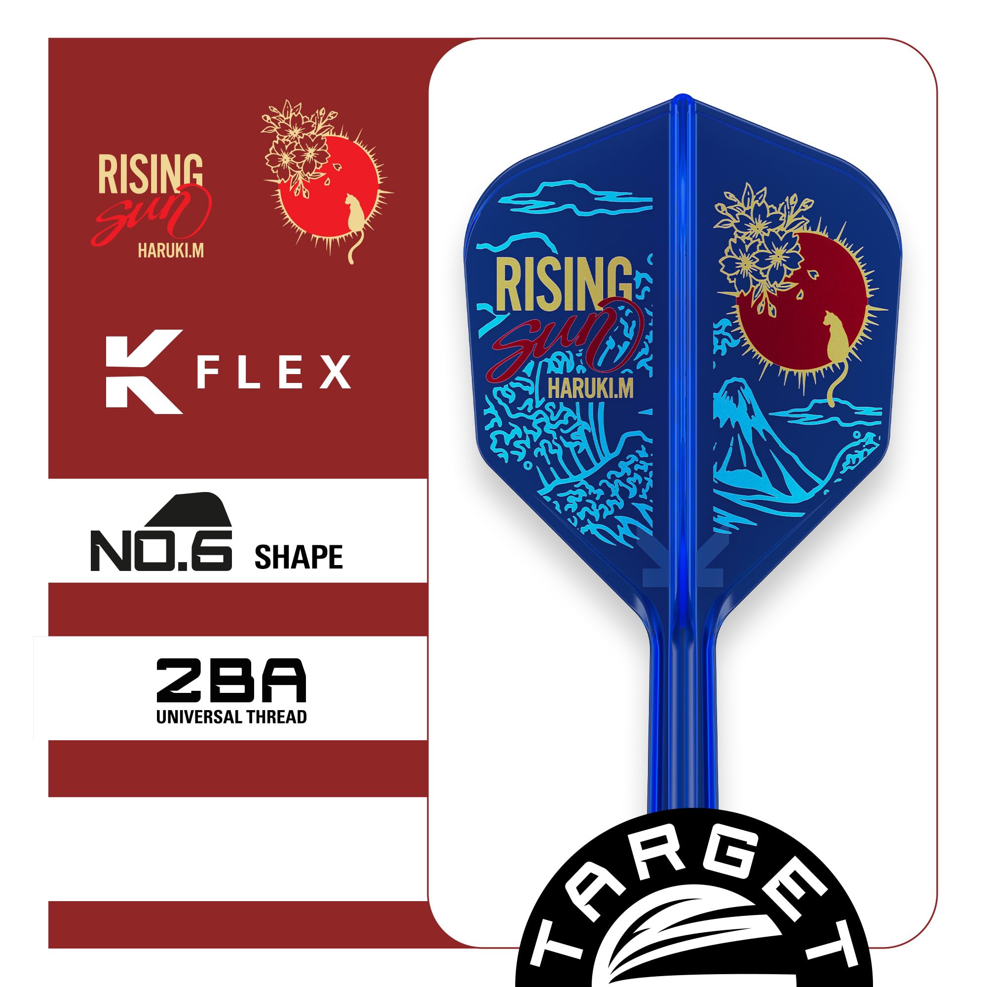 Target Japan K-Flex Rising Sun Haruki Muramatsu No.6 KFlex Dart Flights and Shafts | Zestaw 3 akcesoriów K Flex Player Edition | Strzałki do rzutek KFlex, długości: Short, Intermediate, Medium