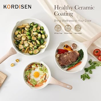 Kordisen Ceramic Nonstick Frying Pan Skillet Set with Lid, 3 Piece Ceramic Pans for Cooking Non Toxic, Healthy Induction Cookware, Stay-Cool Handle, PFOA & PFAS Free (8 Inch, 9.5 Inch, 11 Inch)