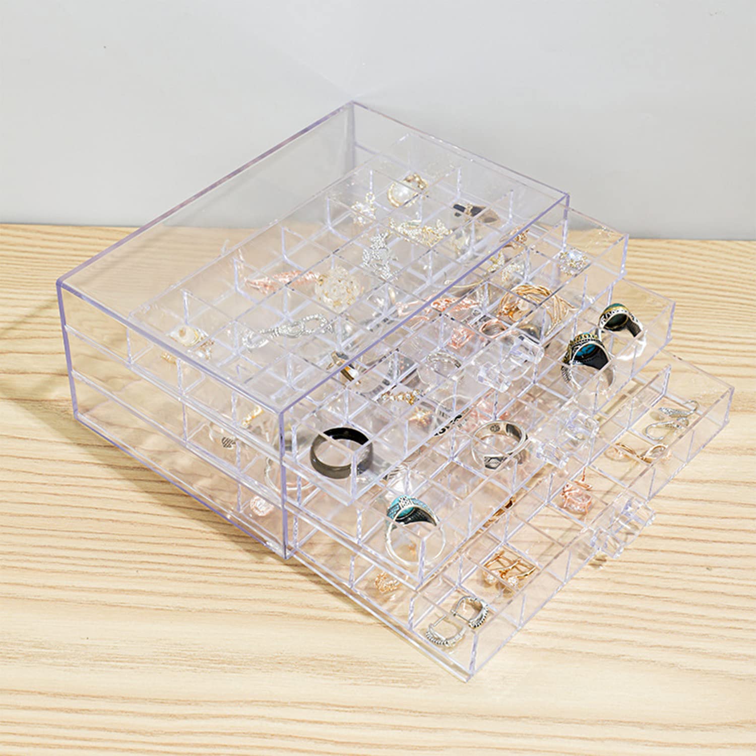 Jinavoty Ohrring-Aufbewahrungsbox, Acryl-Schmuck-Aufbewahrungsbox, transparente Ohrring-Organizer-Box mit 3 Schubladen 72 kleinen Fächern für Frauen Mädchen (3 Drawers) Fashion