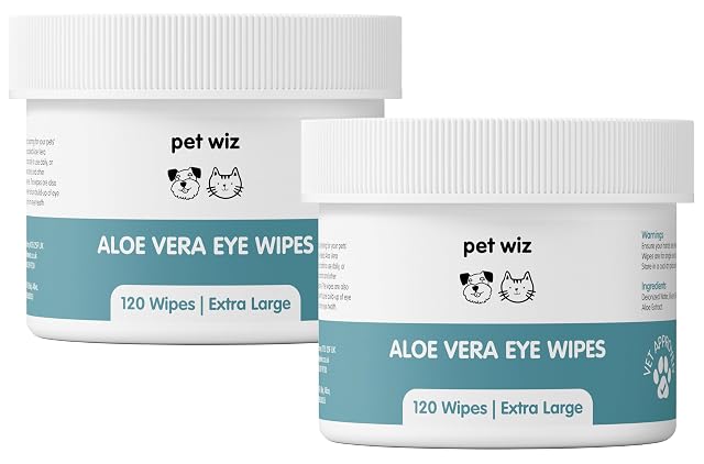 pet wiz Toallitas para Ojos de Aloe Vera para Limpiar Perros y Gatos - Extra Grande - Paquete de Dos