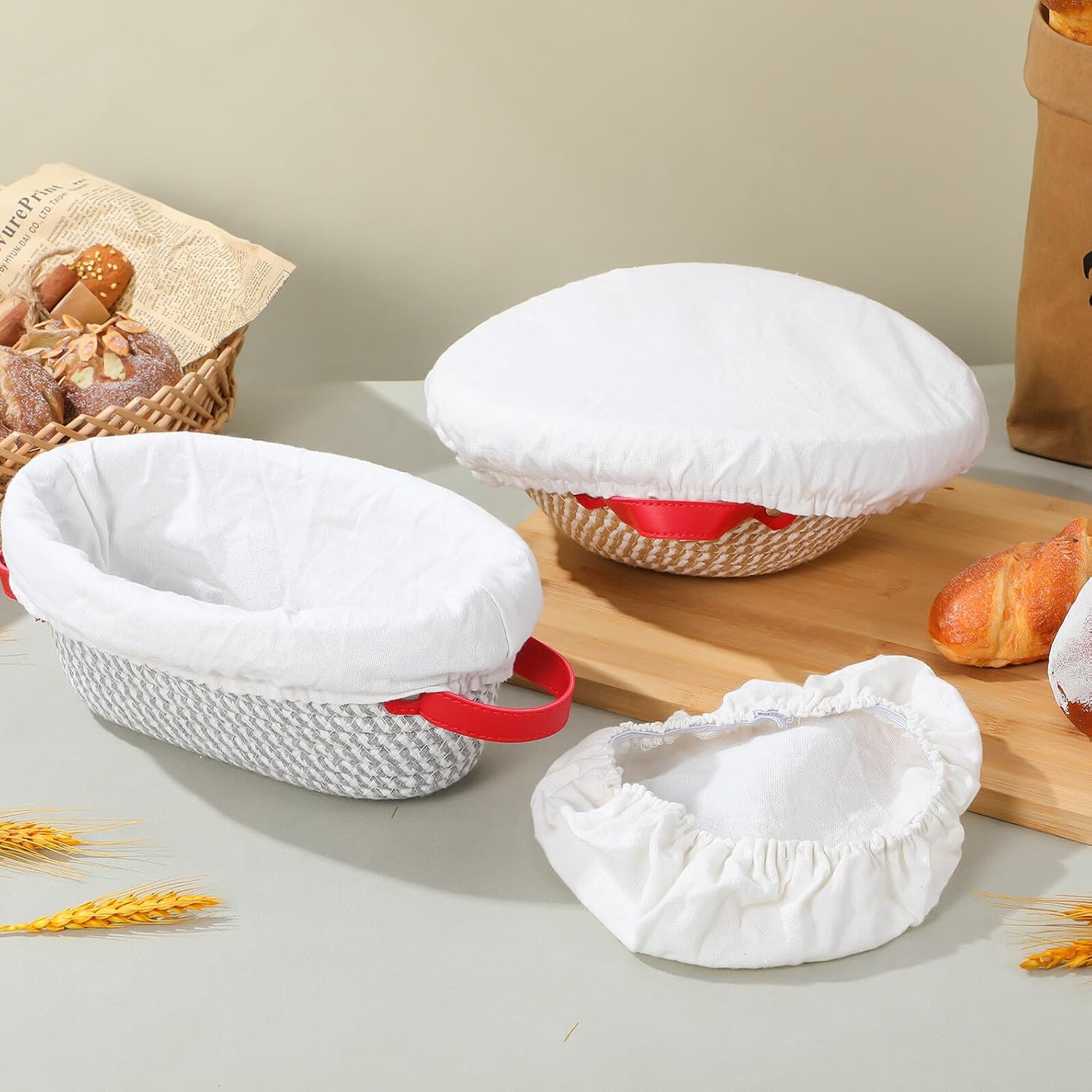 2 Pcs Bread Proofing Basket Set with Liner and Cover, Oval round Sourdough Fermentation Baskets for Home Baking, Rattan Dough Proving Bowls for Artisan Bread Making