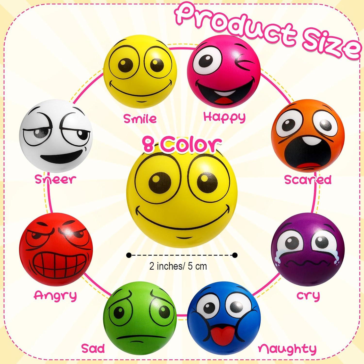 Libima 100 Pcs Face Stress Balls 2 Inch Funny Colorful Emotion Foam Balls for Class Prizes, Office Stress Relief, Party Favors & Kids Gifts (8 Expressions)