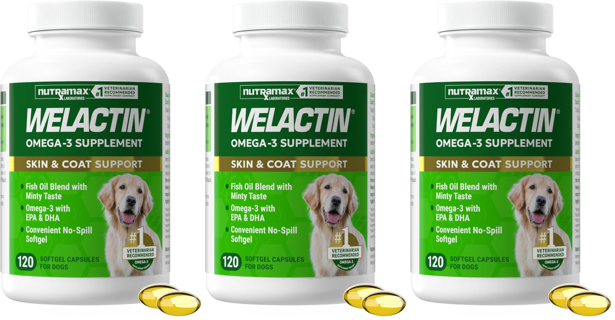 Nutramax Welactin Canine Softgels, Omega 3 Supplement for Dogs, Softgels, 120 Count (Pack of 3) 120-Count (Pack of 3)