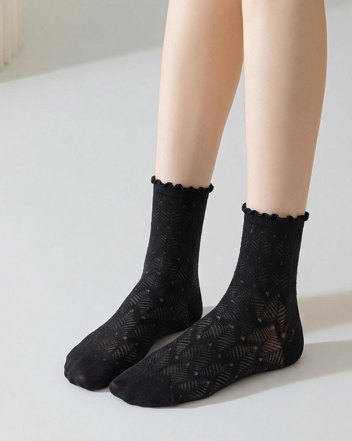 Women's Ruffle Socks Casual Lace Cotton Crew Thin Black Frilly Cute Ankle Socks for Women 6 Pairs - Image 9