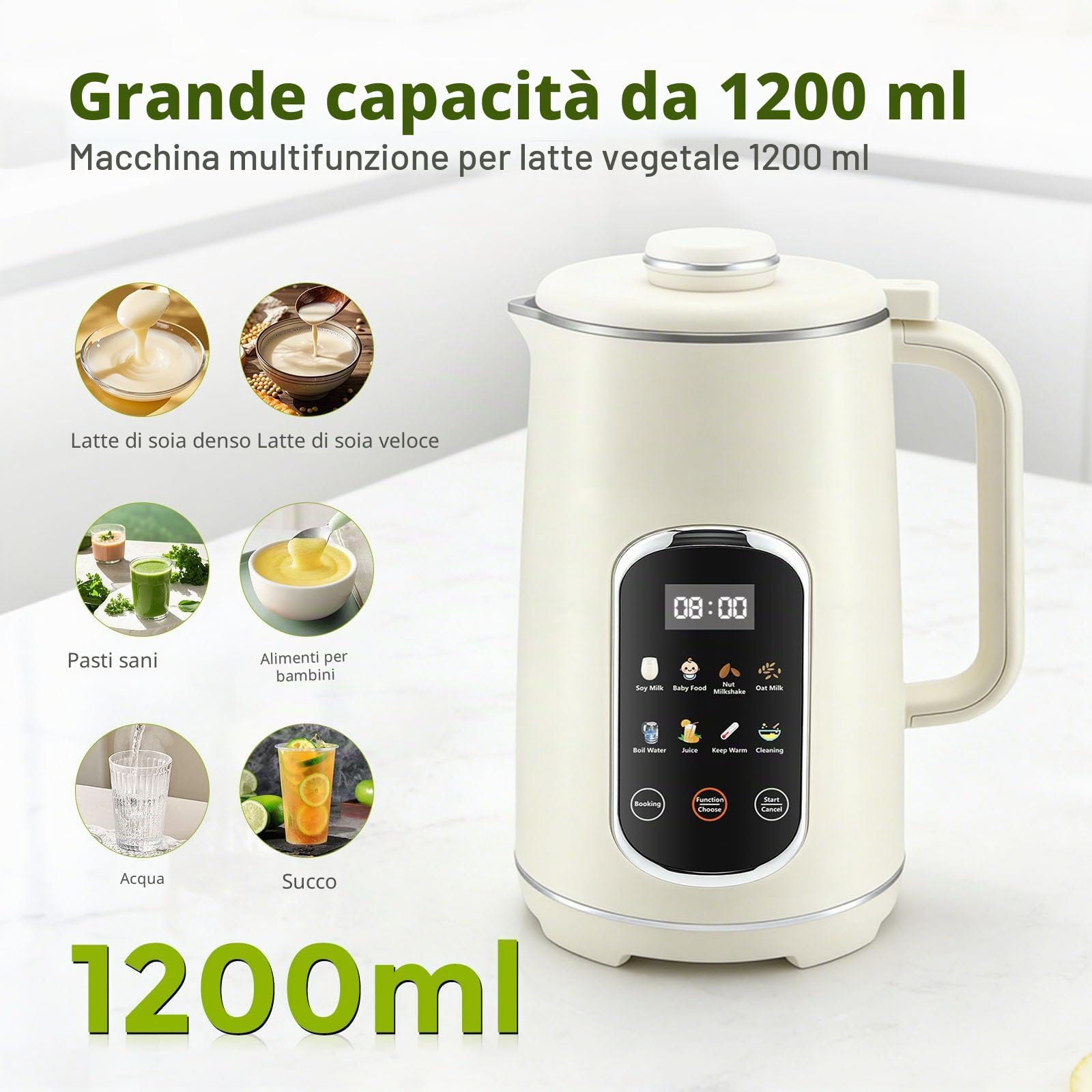 Macchina per Latte Vegetale, 1200 ml Macchina Latte Vegetale con Funzione Autopulente, LED Display, 8 Funzioni, 12 Lame, Macchina per Latte di Soia, Avena E Noci