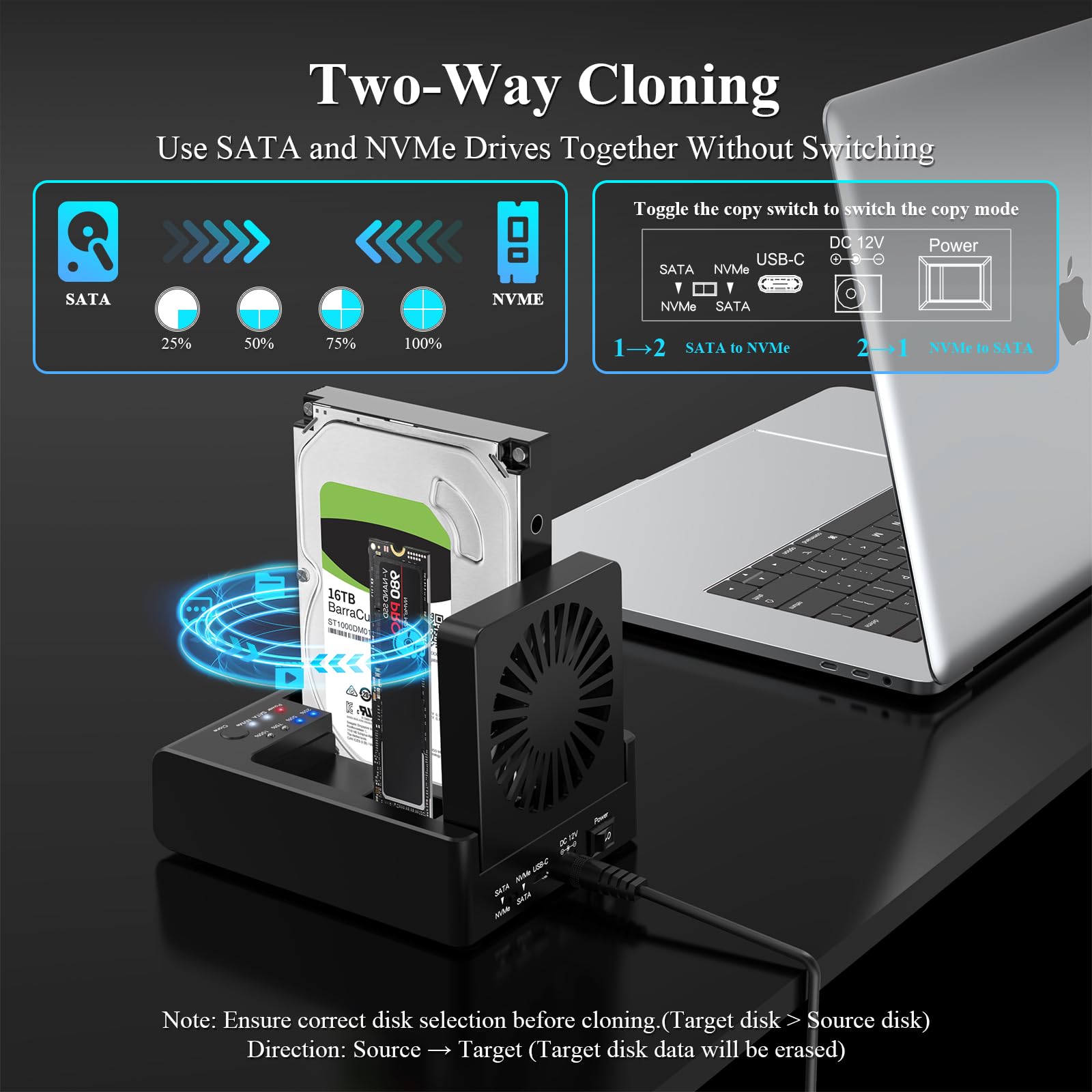 M.2 NVMe & SATA HDD Docking Station, 10Gbps USB3.2 Gen2 SSD Cloner per M.2 NVMe SSD + SATA 2.5"/3.5" HDD Converter, Offline Cloning, Tool-Free, Ventola di raffreddamento