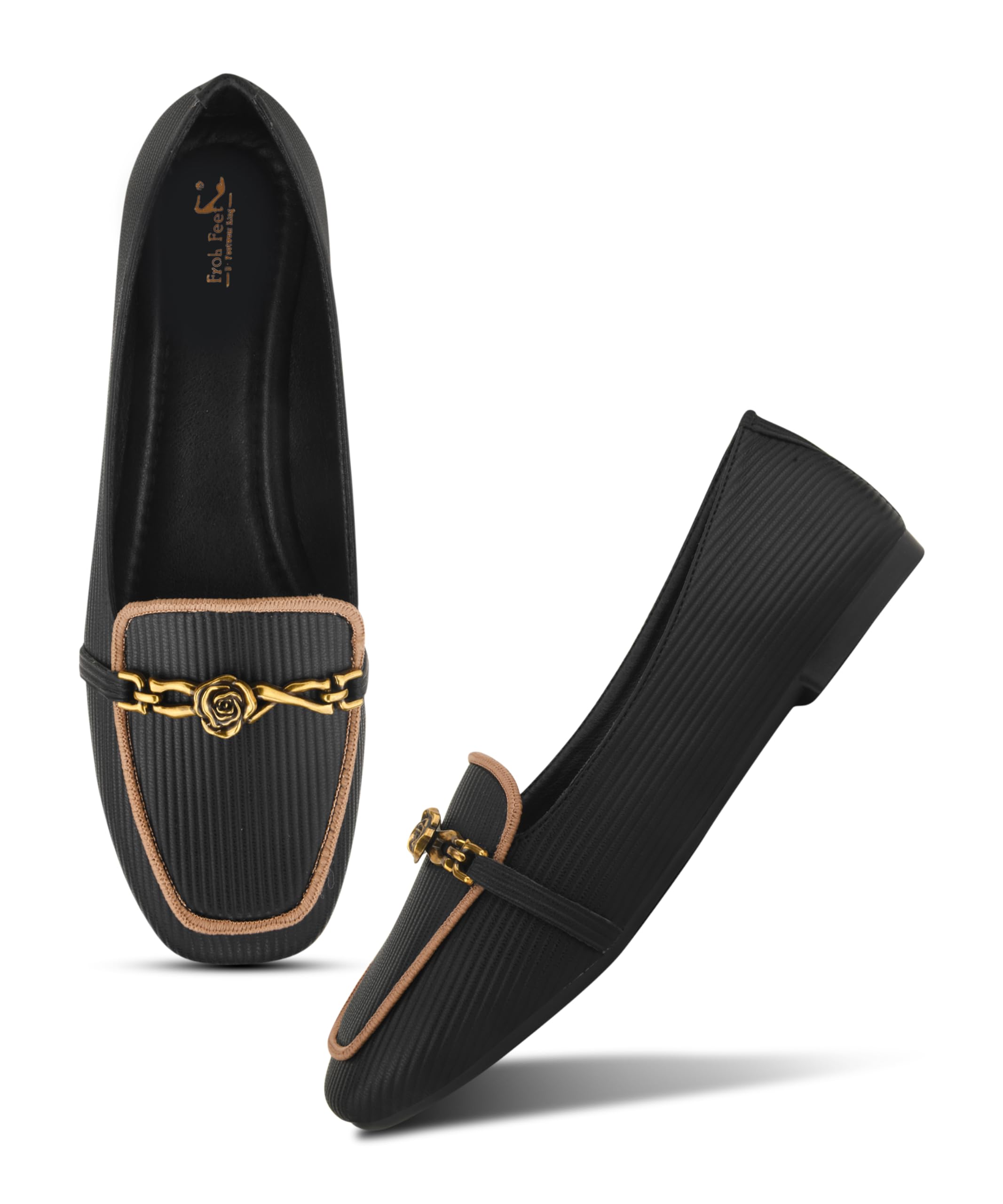 Froh Feet Women’s Sophisticated Ribbed Texture Loafers with Elegant Metallic Rose Ornament and Contrast Border Piping-picture-50