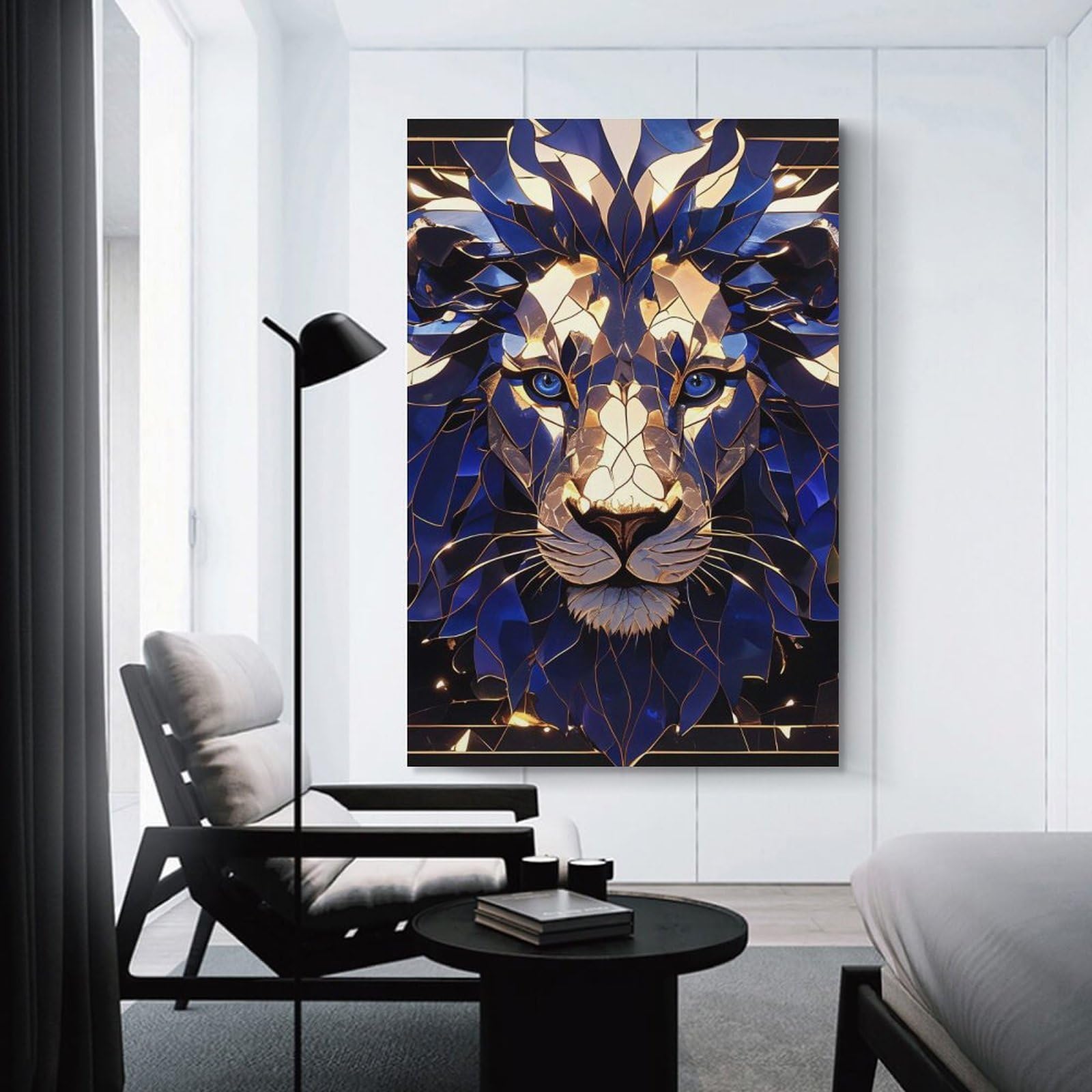 Junmoney Wall Decor Canvas Print Abstract Lion Portrait in Blue And Gold, 24x36inch(60x90cm), for Home Lounge, Bedroom Or Reading Nook, Canvas Styling for A Polished Room Look