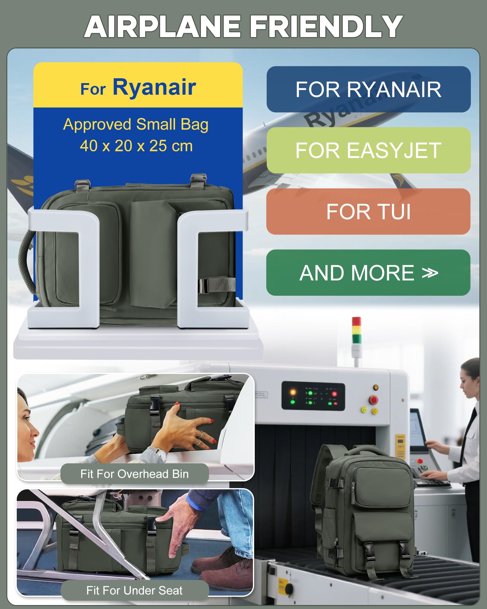 SZLX Zaino Ryanair 40x30x20 Sottovuoto con Pompa Zaino Ryanair 40x20x25 Donna Zaino da Viaggio Wizzair Bagaglio a Mano Uomo per Laptop da 14 Pollici Borse da Cabina 45x36x20 Easyjet con Porta Scarpe
