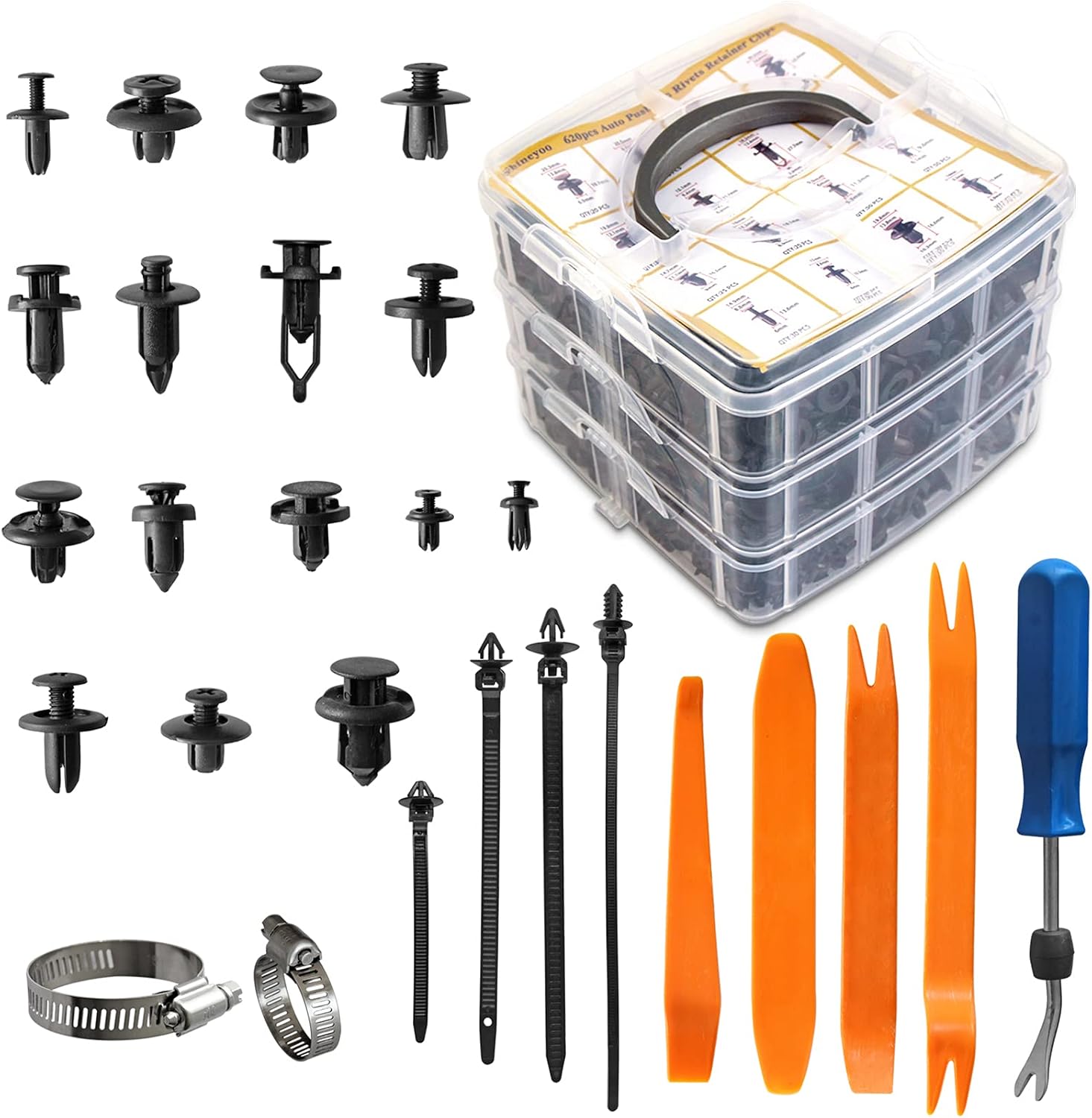 Shineyoo Car Retainer Clips Plastic Fasteners Kit Fender Rivet Clips 16 Most Popular Sizes-650Pcs Auto Push Pin Rivets Kit with Fastener Remover Cable Tie for GM Ford Toyota Honda Chrysler