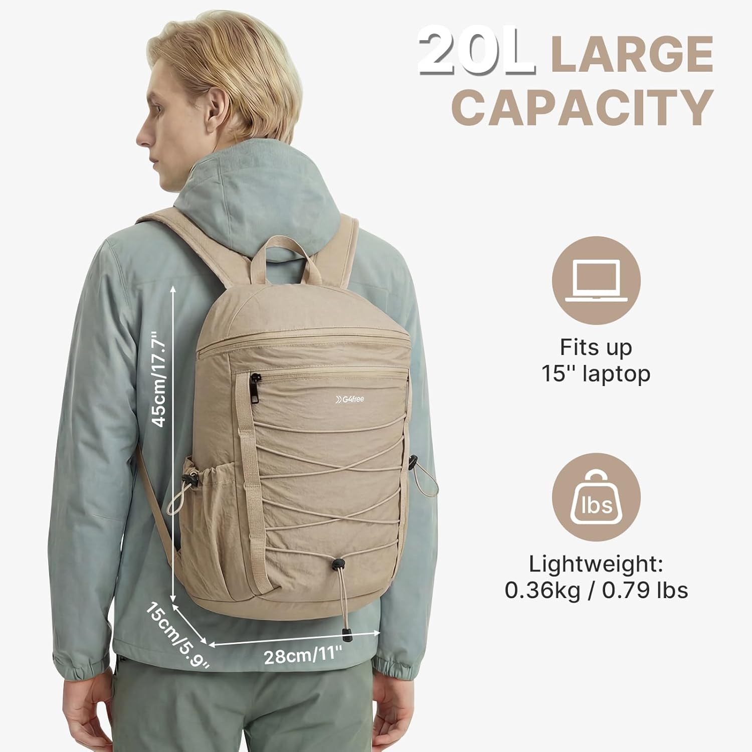G4Free Hiking Backpack for Women Men 20L Lightweight Travel Backpacks Daypack Outdoor Daily Camping, Khaki