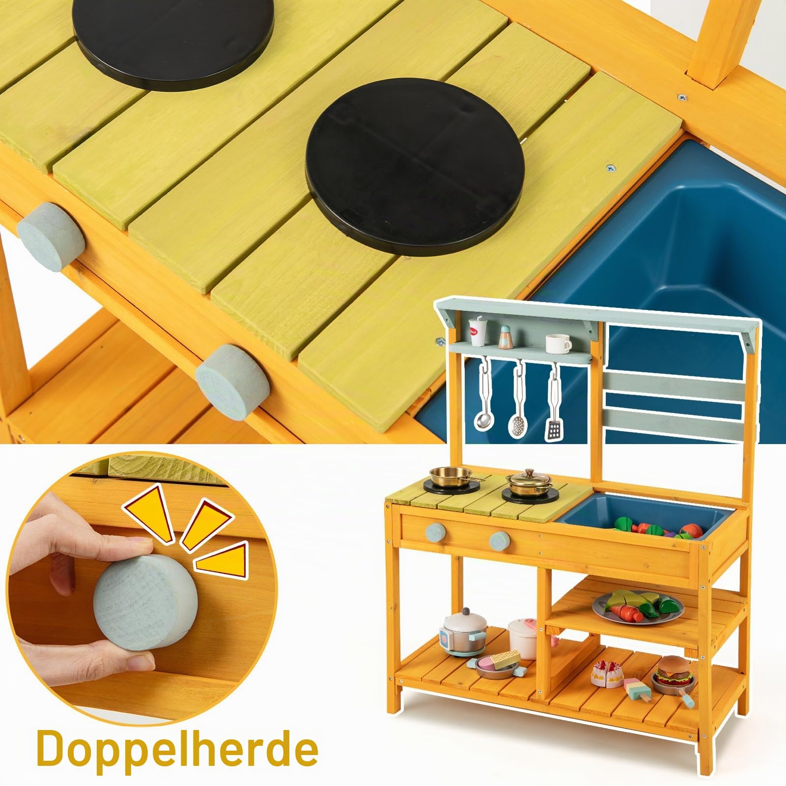 HOMASIS Matschküche Kinder Outdoor, Kinderküche mit Waschbecken Spüle Herd, Spielküche Holz, Spielzeugküche mit 3 Haken & Regalen, Holzküche Gartenküche für Kinder ab 3 Jahren (Gelb)