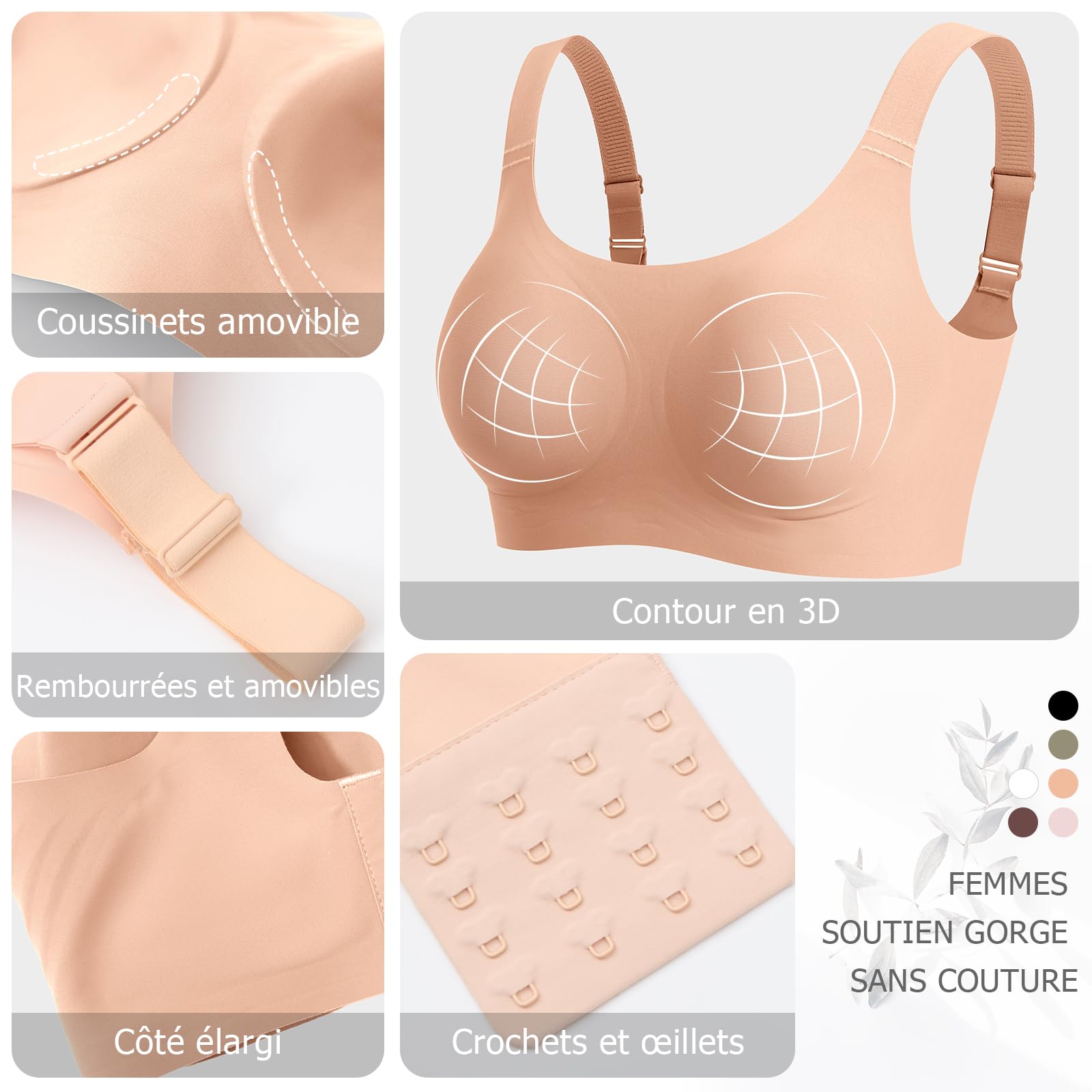 Ganado Soutiens-Gorge Femme sans Armature Confort Classiques Brassière avec Coussinets Col en U Brassiere sans Coutures