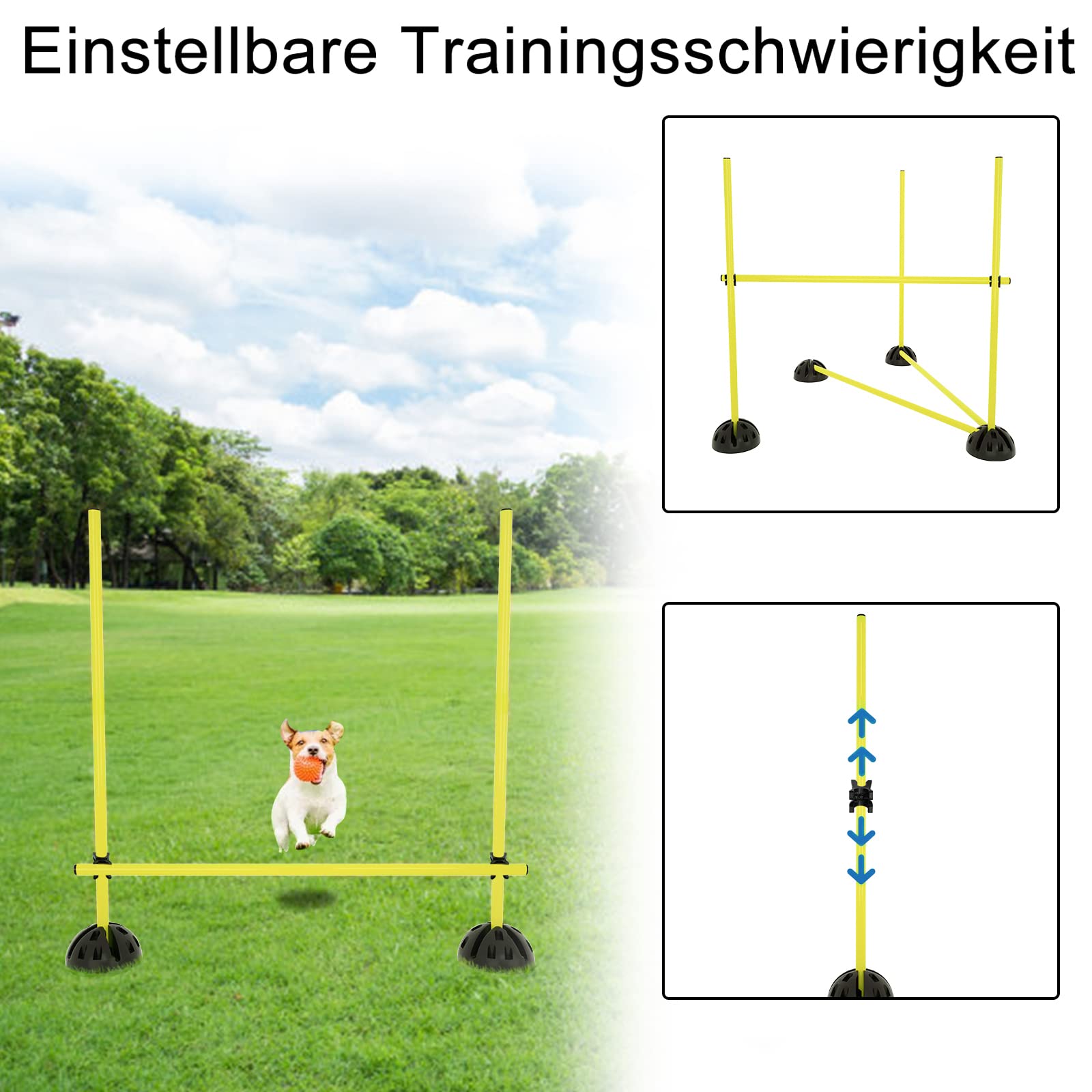 XMTECH Agility Sprungstangen-Set Hürdenset, Trainingsstangen Hindernisse Koordinationshürden für Konditionelles Sprungkraft Dribbling - Gelb (15 Stangen - 100cm, 10X Standfüße, 10 Clips)