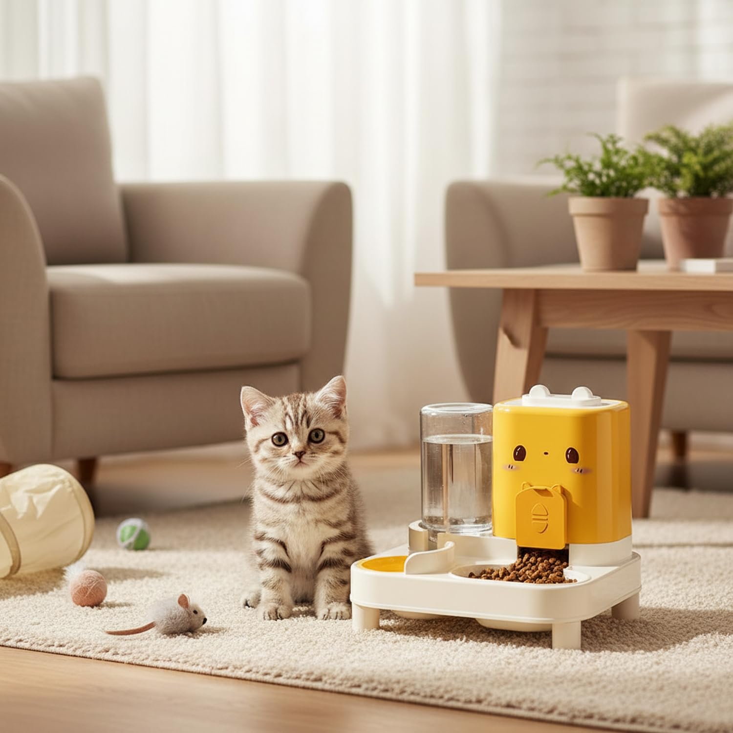 Wasserspender Futterspender für Katze und Hund, 2-In-1 Automatischer Trockenfutterspender, Automático Gravity Futterautomat Katze, Haustiere Futterstation, für Kleine Hunde Katzen (Gelb)
