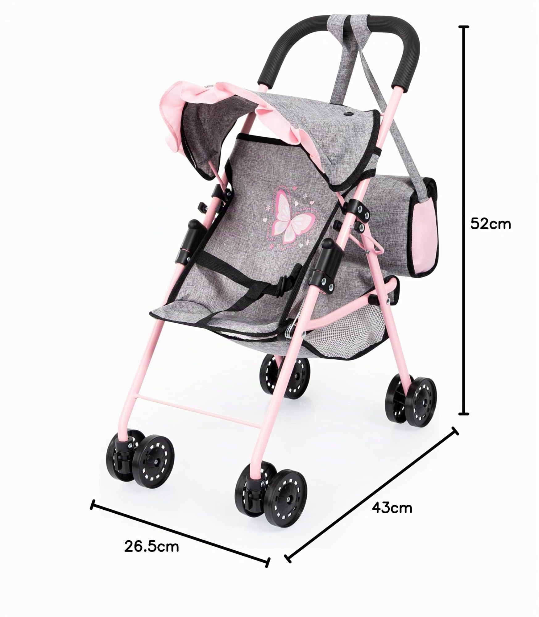 Bayer Design Passeggino pieghevole per bambole | Carrozzina per bambole con ruote doppie, borsa, fasciatoio, culla, accessori, bavaglino
