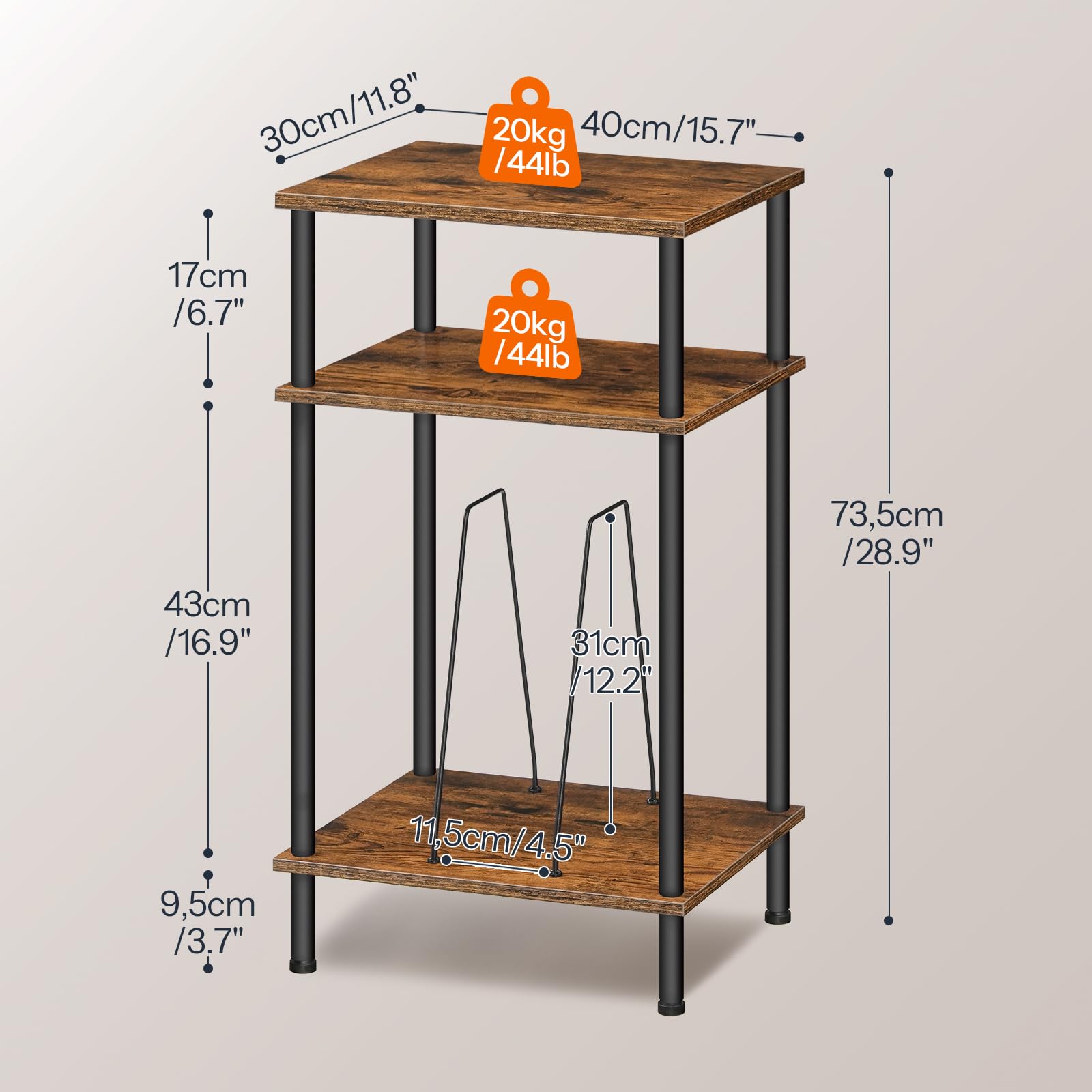 HOOBRO Mueble Tocadiscos de 3 Niveles, Mesa para Discos de Vinilo con Separador Extraíble, para Discos, Mesa Auxiliar de Estilo Industrial, para CD, Álbumes, Marrón Rústico y Negro EBF02RS01