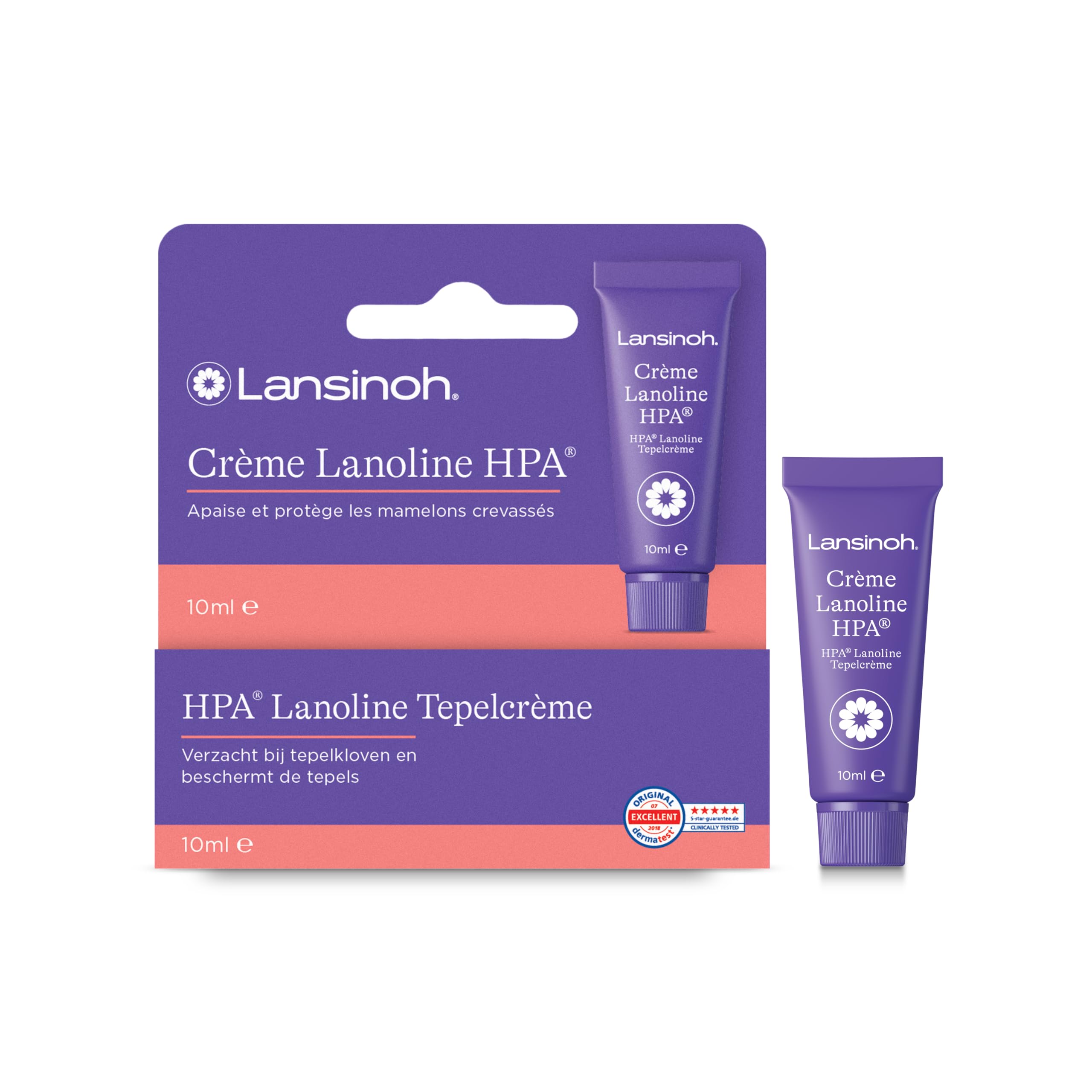 Lansinoh - Crème Lanoline HPA 10 ml - Réparation Intense des Mamelons - 100% Naturelle - Soulage Crevasses, Sécheresse & Irritations - Sûre pour Bébé, Sans Rinçage - Allaitement