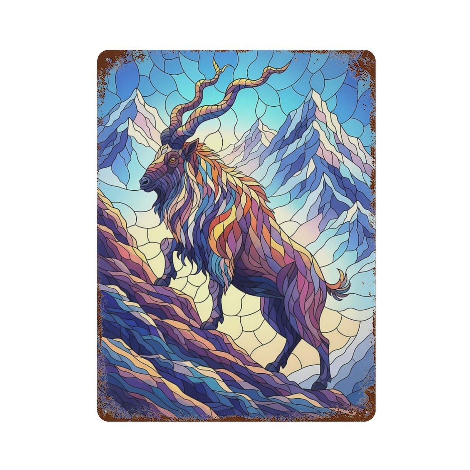 Stained Glass Ibex Mountain Scene Rust Effect Tin Sign 15.7"x11.8", Novelty Wall Decor for Garage, Pub Or Kitchen