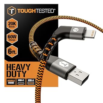 ToughTested 6ft Right Angle Lightning Cable, 60W Fast Charging Braided