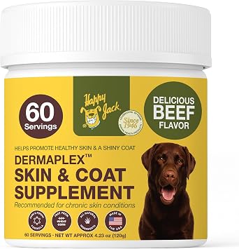 Happy Jack Dermaplex Skin & Coat Supplement Powder for Dogs 60 Servings Made in USA, Supports Hair Regrowth After Eczema or Mange, Omega-Rich Formula for Shiny Coat and Healthy Skin