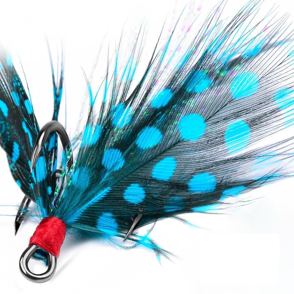 Feather Fishing Hooks, 10Pcs High Carbon Steel Treble Hooks with Barbs for Saltwater Freshwater