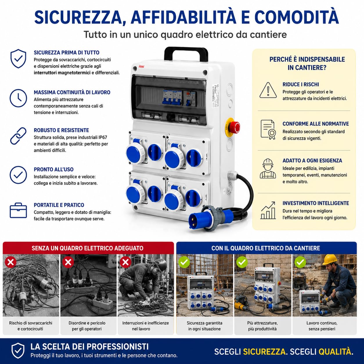Rosi Cuadro de distribución de obras 9 kW 400 V 4 tomas IP67 Interruptor Diff. 40 A 4P, protección IP55, corriente máx. 63 A, conforme CEI EN 61439-4, material PVC