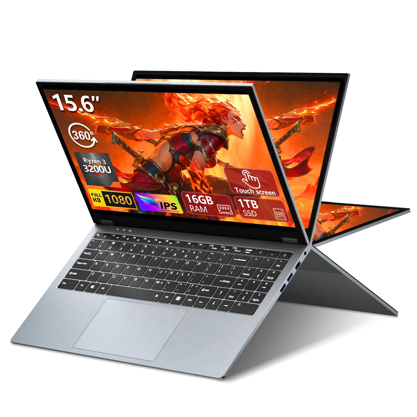 Portatile PC Touchscreen 2 in 1 CPU Ryzen R3-3200U (fino a 3,5 GHz) 15,6 Pollici Notebook Da Gioco 16GB RAM 1TB SSD 360° Rotation Touchscreen FHD IPS Laptop Tastiera Retroilluminata RJ45 WIFI5 HDMI