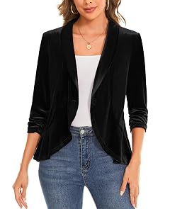 MINTLIMIT Womens Velvet Blazer Ruched 3 4 Sleeve Shawl Lapel Button Front Ruffle Tailored Cardigan Suit Jacket Blazer