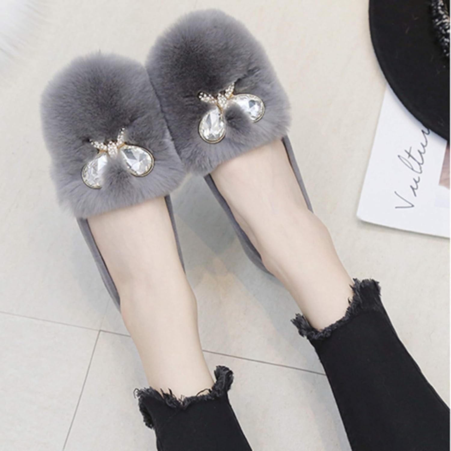 [PANLON] モカシンシューズ ムートン レディース 23.5cm 秋冬 ファー モカシン ボア パンプス フラットシューズ ぺ