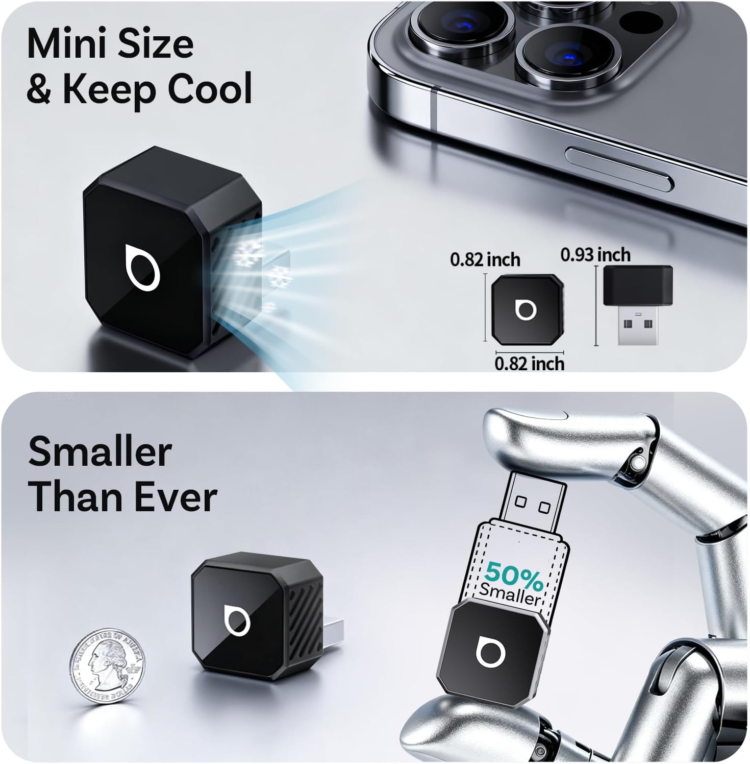 Image highlighting the compact size of the OTTOCAST Mini Pot and its cooling design, with dimensions shown.
