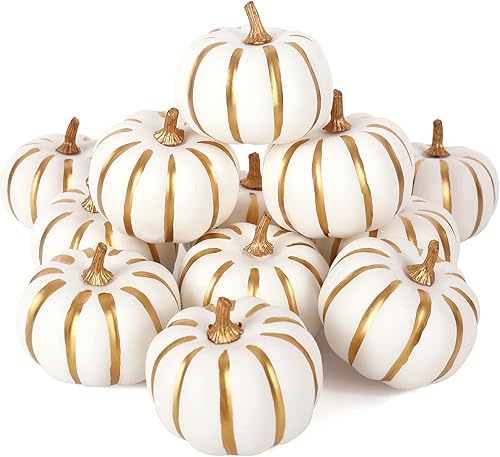 Miniatura 1 de Whaline Calabazas artificiales blancas a granel con bordes dorados, calabazas de espuma falsas de cosecha de otoño para otoño, Halloween, Acción de