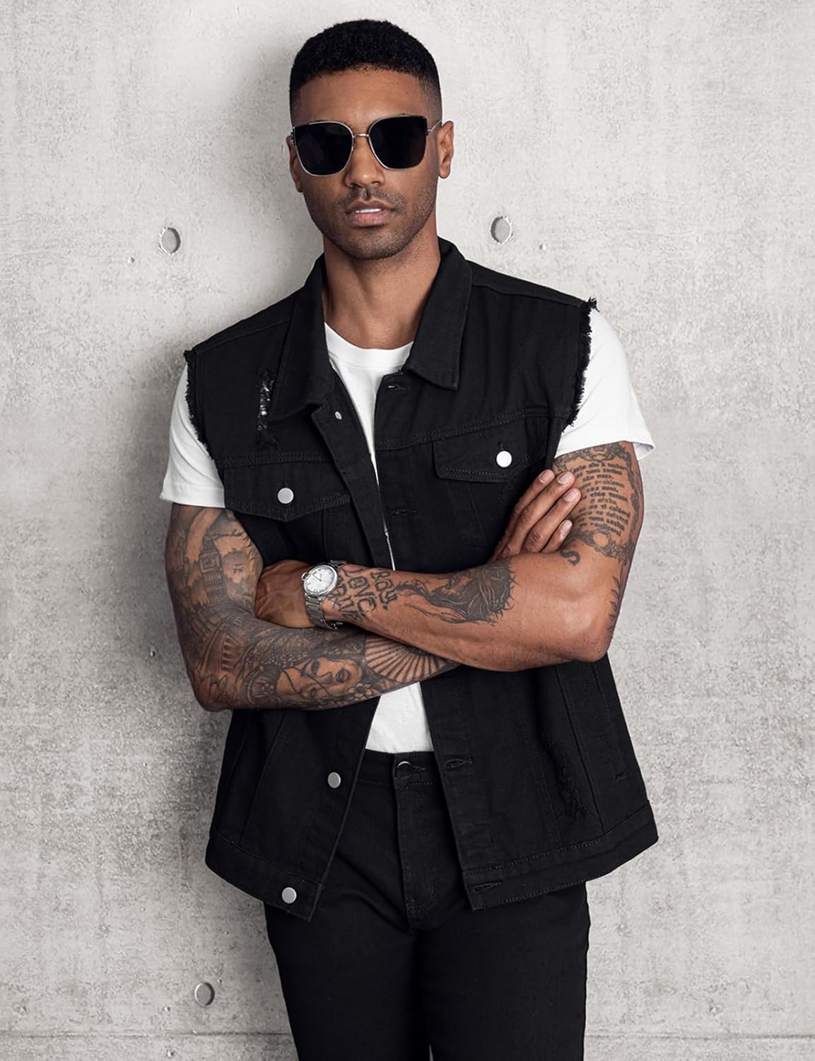 LONGBIDA Men's Denim Vest Sleeveless Ripped Slim fit Distressed Jean Jacket - Image 2