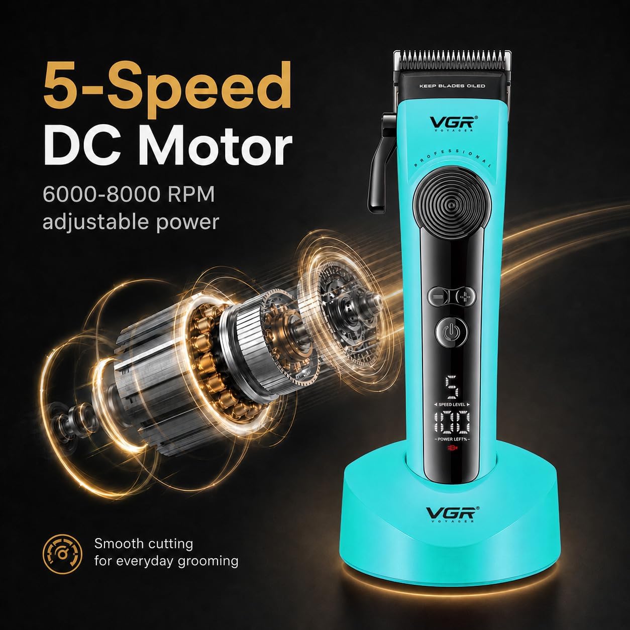 VGR 199 Professional Cordless Hair Clippers for Men, 5-Speed Mens Hair Clippers with LED Display, Rechargeable Clipper with Charging Base & 6 Guide Combs–Home Barber Kit, Green
