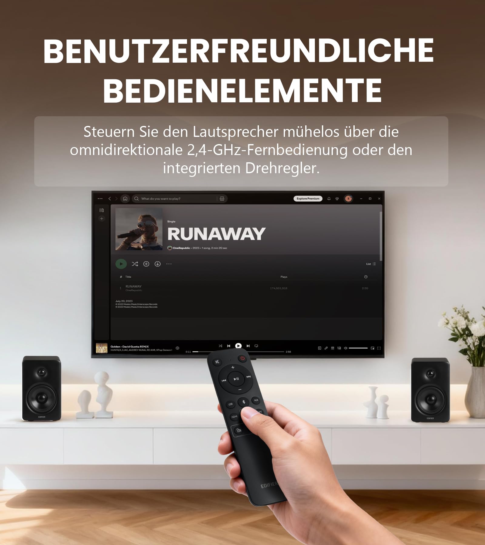 Edifier M90 Regal-Lautsprecher, 100 W RMS Desktop-Lautsprecher, Hi-Res-Audio, LDAC, Bluetooth 6.0, kompakter Lautsprecher, HDMI eARC/optischer/USB-C/AUX-Eingang, SUB Out, Aktivlautsprecher – Schwarz