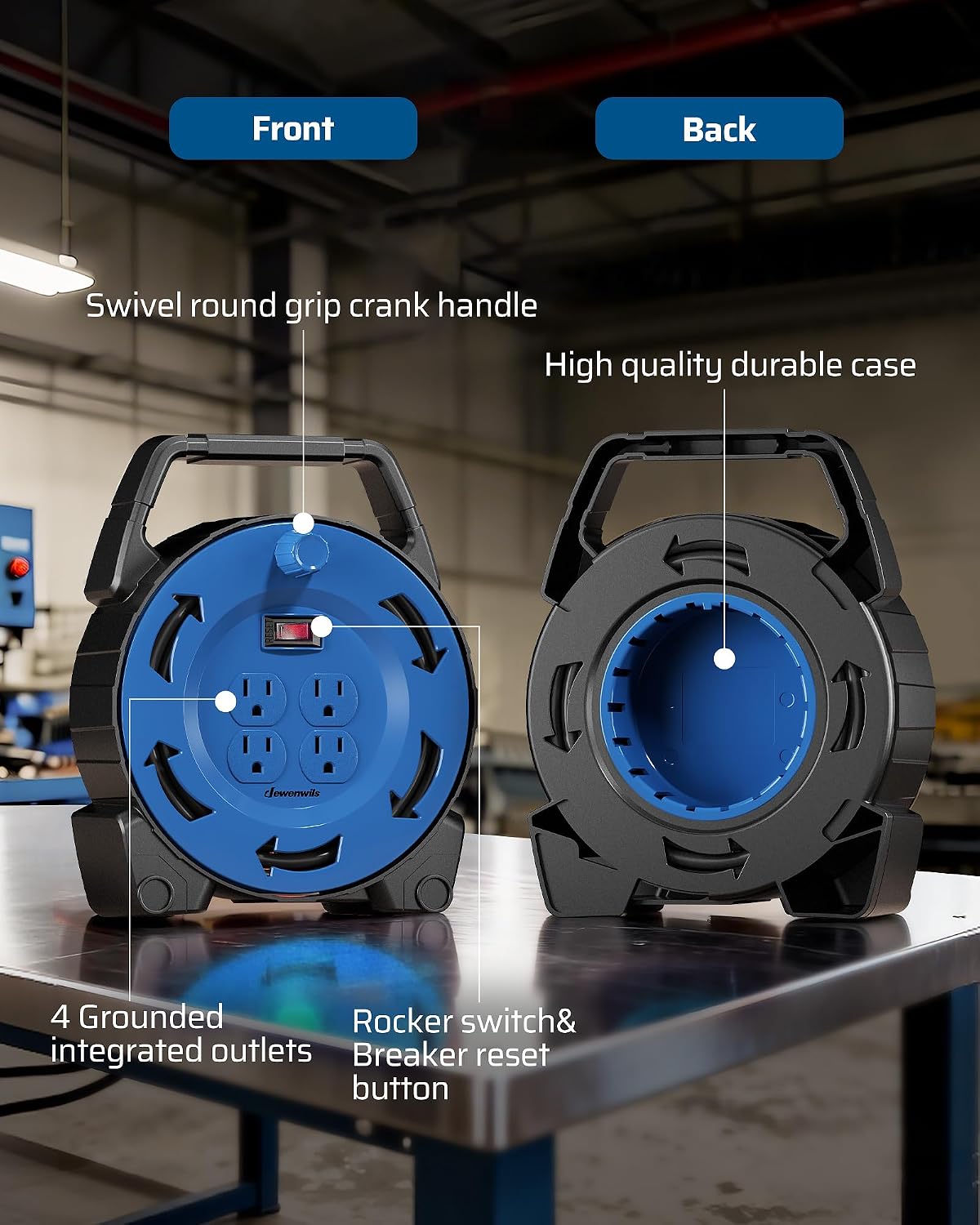 DEWENWILS Extension Cord Reel with 30 FT Power Cord, Hand Wind Retractable, 16/3 AWG SJTW, 4 Grounded Outlets, 13 Amp Circuit Breaker, Blue/Black, UL Listed