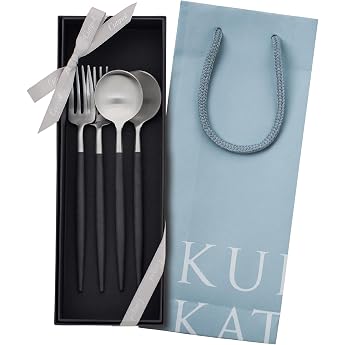 Authentic Cutipol GOA Gore 4 Dessert Gift Set (Black/Matte Silver) in a Black Presentation Box with Genuine Ribbon (2 Forks, 