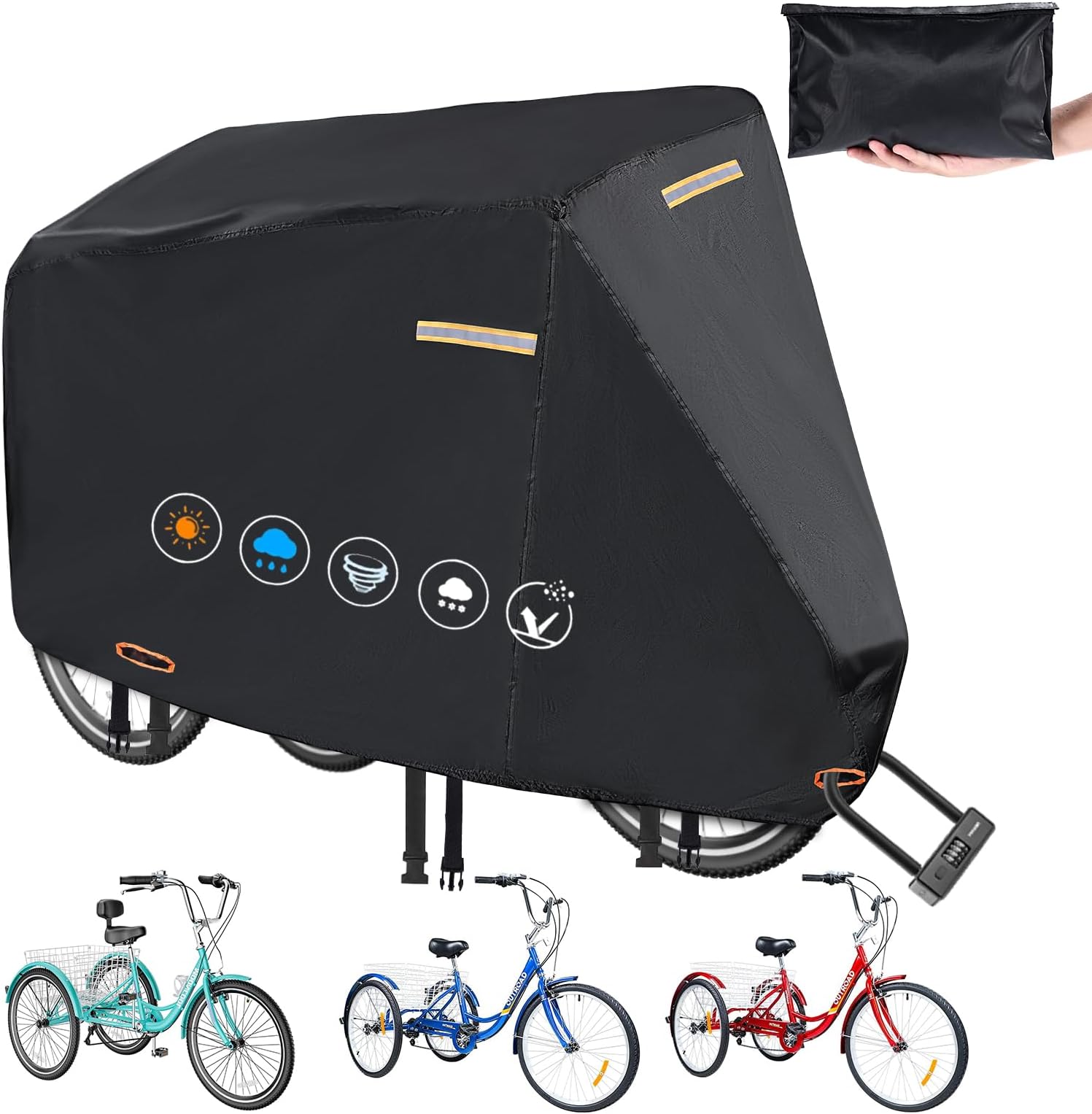 GRABADO Tricycle Cover for Adults, Heavy Duty 420D Protective Cover for Tricycle, UV-Resistant Universal Bicycle Cover Outdoor with Waterproof Strips, 3 Nylon Lock Holes, 4 Reflective Strips