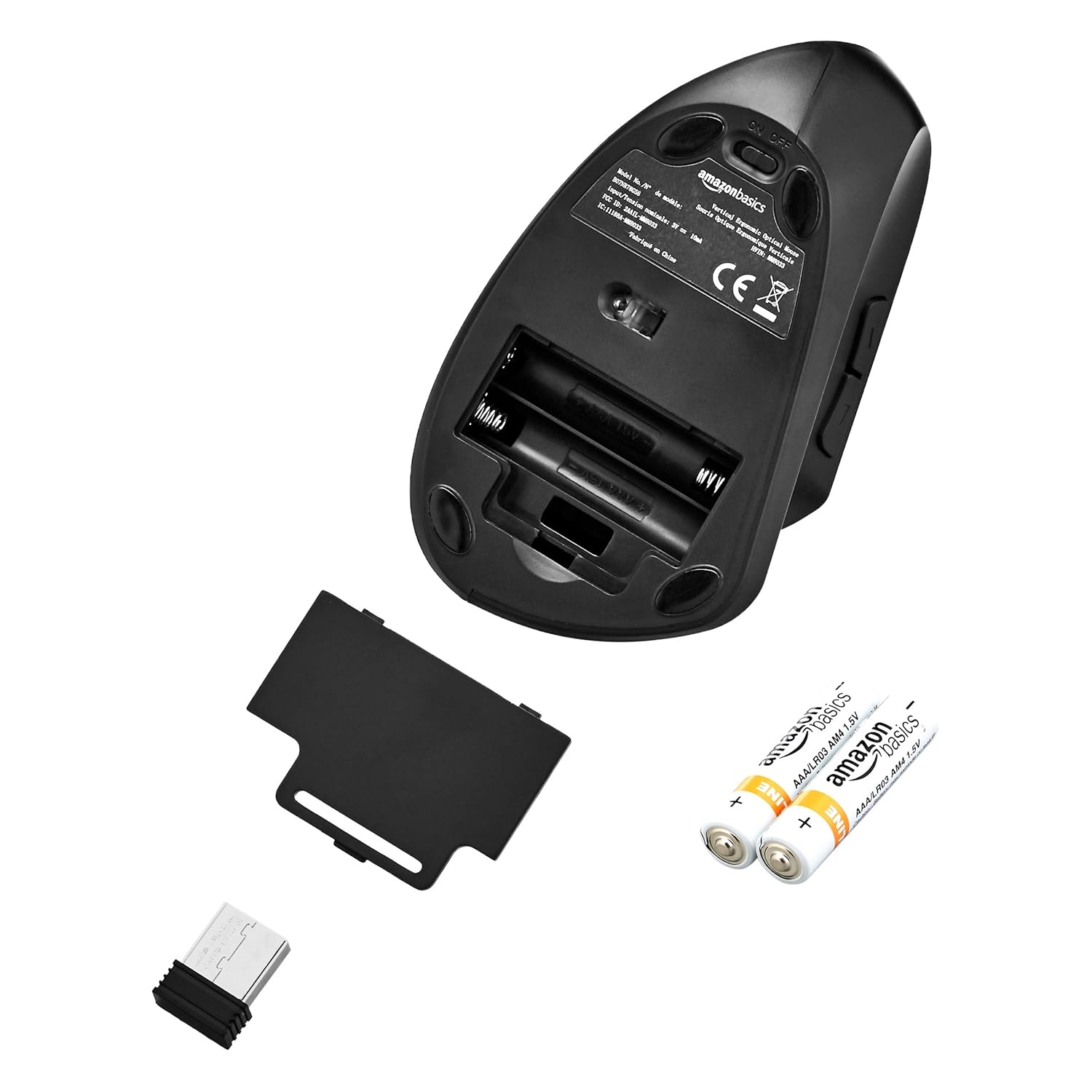 Доод талд view of the AmazonBasics Vertical Ergonomic Wireless Optical Mouse with battery cover removed