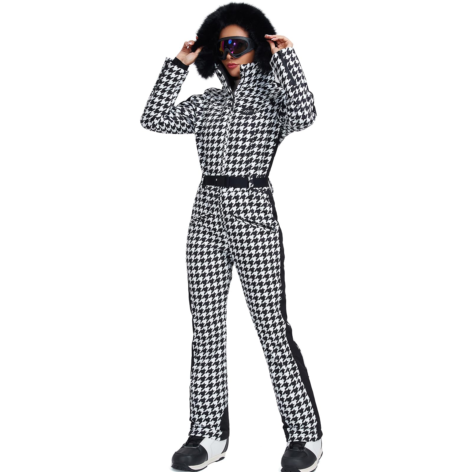 HOTIAN Traje de esquí de una pieza para mujer, traje de esquí cálido para mujer, traje de nieve, impermeable, resistente al viento, mono de nieve, mono con capucha