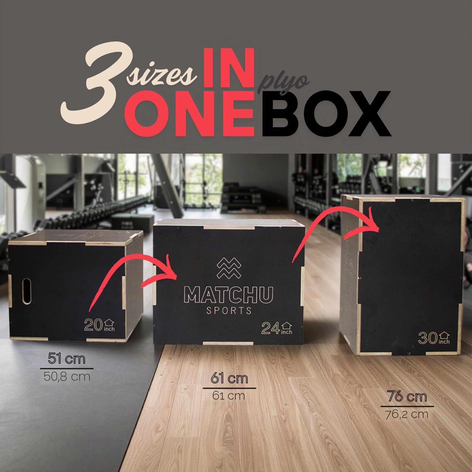 MATCHU - Plyo Box - Box Pliometrico - Box Jump - Regolabile - Superficie Antiscivolo - capacità di carico Fino a 300 kg - Facilmente trasportabile (Nero - 20/24/30 inch)