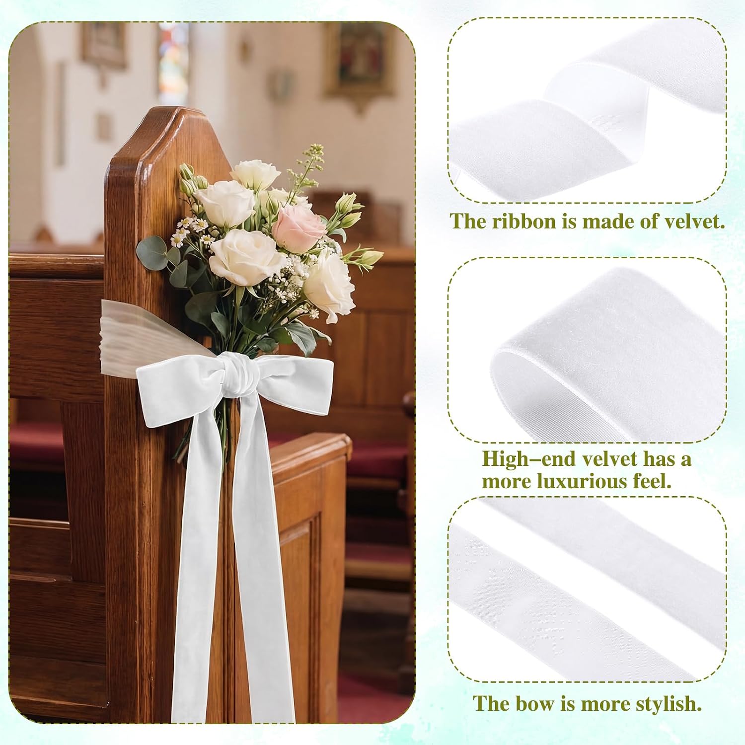 XunYee 12 Pcs Velvet Bows for Chairs Wedding White Pew Bows Aisle Decorations 79 Inch Decorative Ribbon Sashes with Long Tails for Ceremony Reception Church Bridal Shower Background Decor