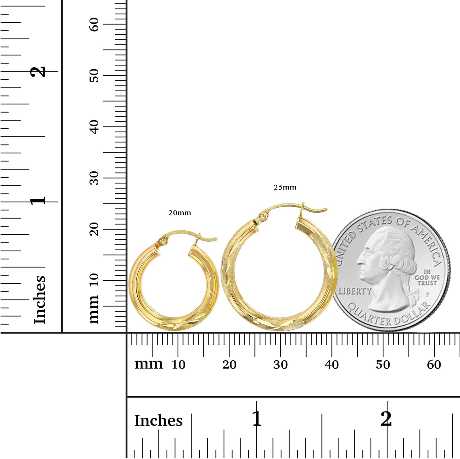 14k Yellow or White Gold 3mm Solid Polished Diamond Cut Hoop Earrings for Women | 3mm Thick Italian Gold Diamond Cut Hoops | Shiny Polished Earrings, 15mm-90mm - Image 5