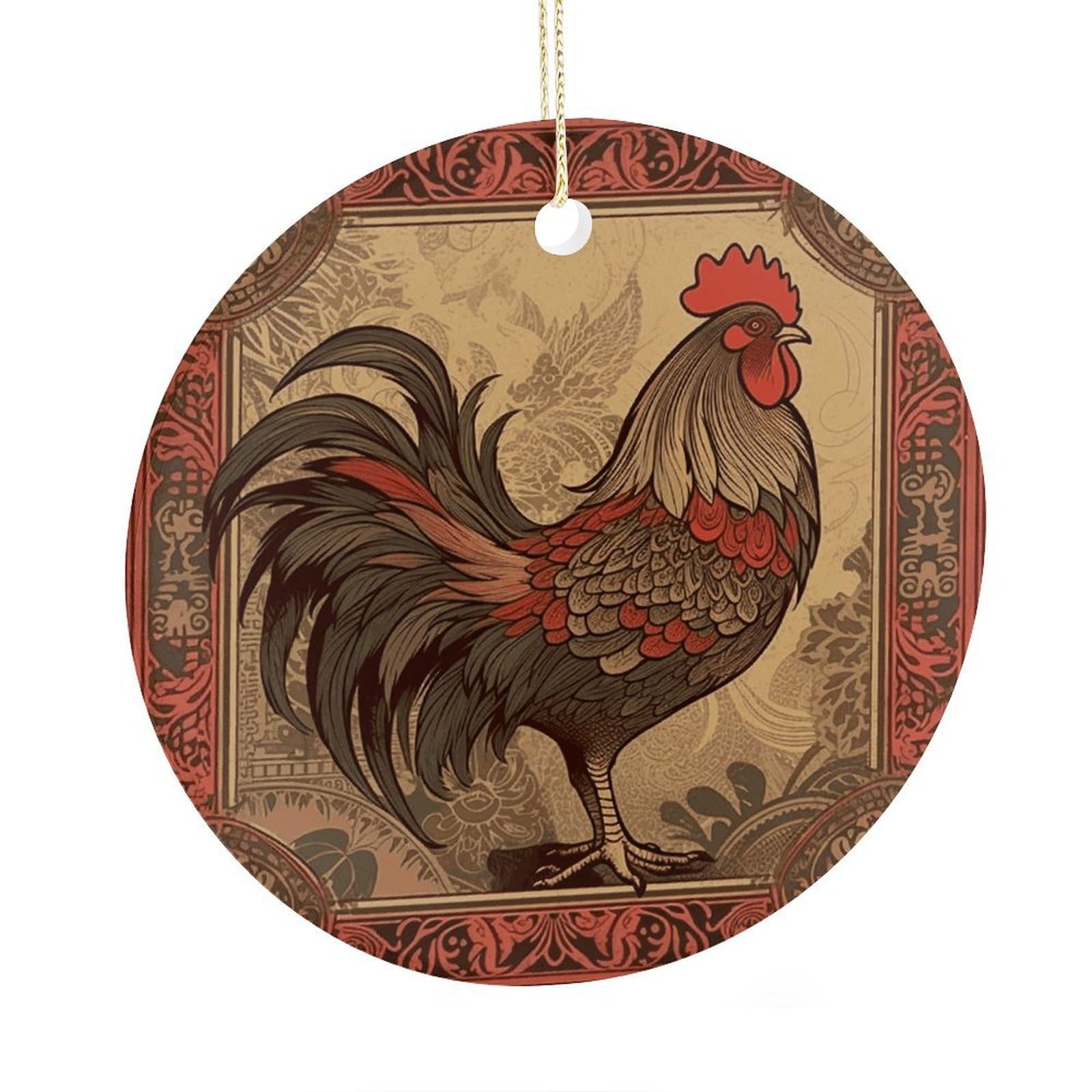 Fekiloot Style Old Rooster Illustration Christmas Ornaments 2.9 Inch Round Ceramic Ornament Keepsake Thank You Gifts For Office, Room, Home - Holiday Present Ideas