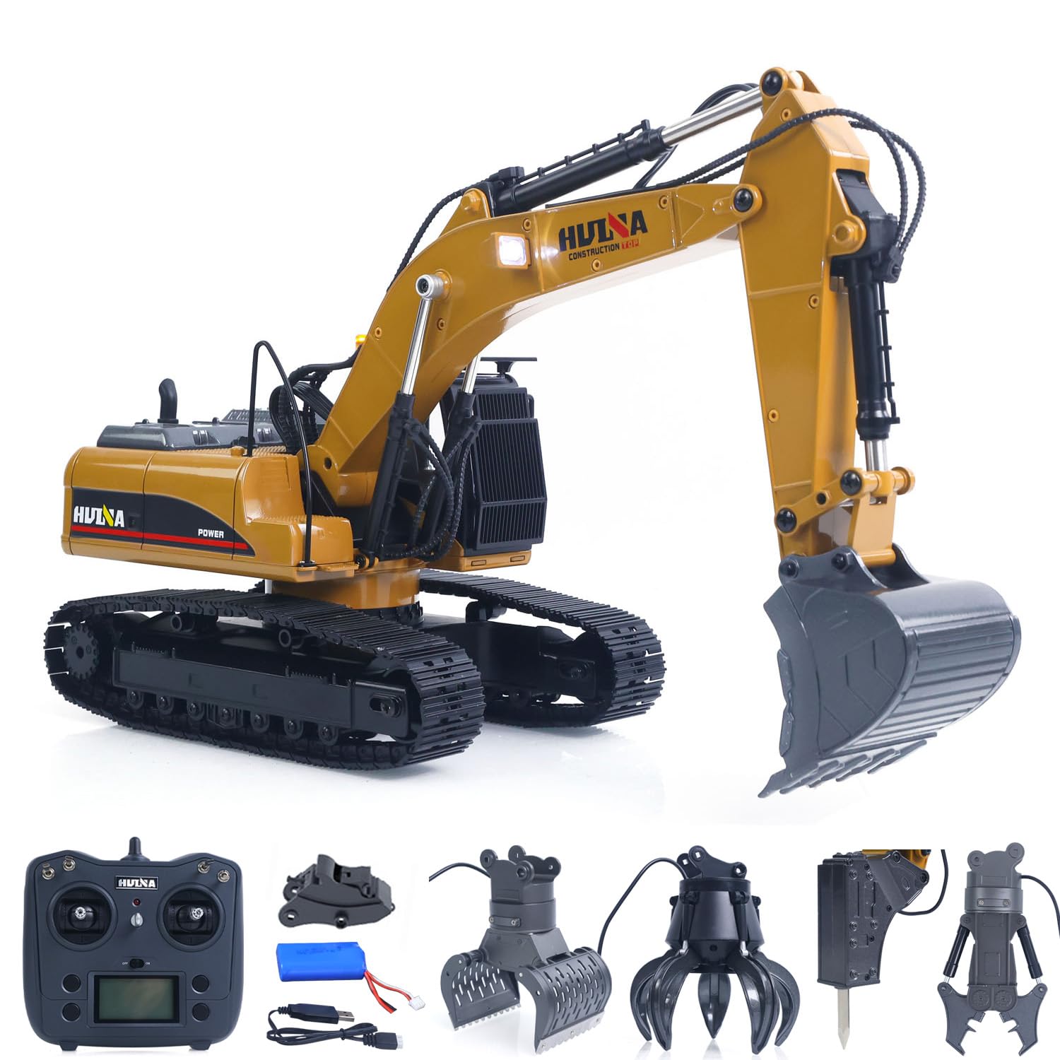 TOUCAN RC HOBBY HUINA 1:14 Metall-Fernsteuerungsbagger 580-32 – mit Licht und Sound – inklusive 2,4-GHz-Fernsteuerung, 7,4-V-Fahrgestellakku, USB-Ladekabel – mit Metallschaufel, Brecherhammer