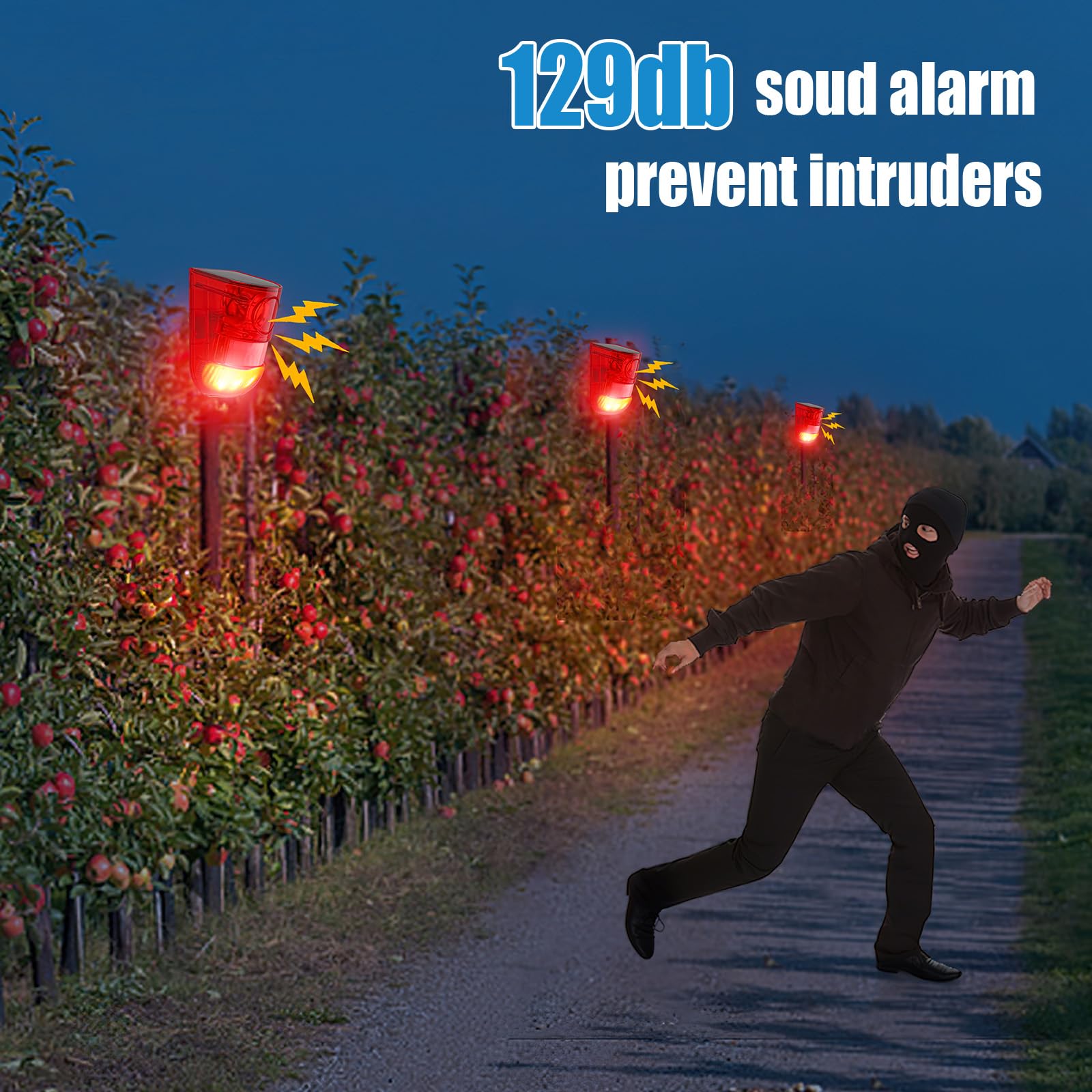 Qualirey Alarma solar de sonido y luz con sensor de movimiento, 129 dB, sirena de seguridad impermeable activada por movimiento, alarma con 6 LED, sistema de alarma estroboscópica de advertencia de